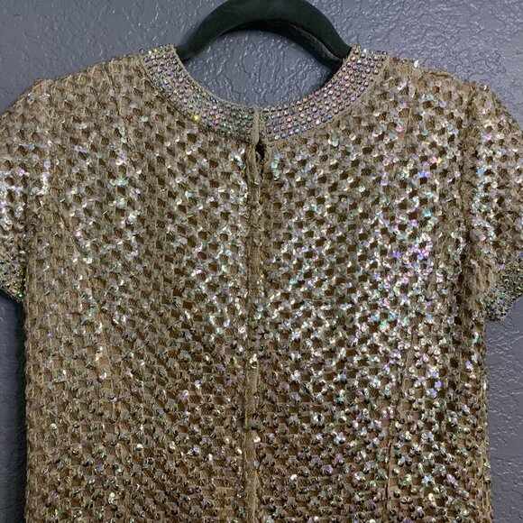 Vintage Mod Gold Knit Sequin Lined Rhinestone Collar Shift Dress Pat Sandler - Picture 5 of 10
